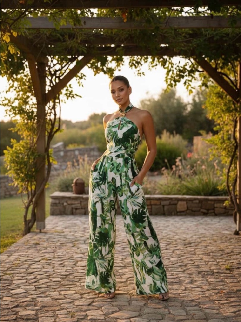 Leaf-Print Halter Jumpsuit in Green